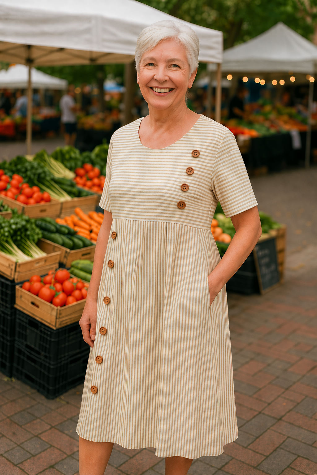 Iris | Robe midi à rayures pour femmes avec manches courtes et boutons