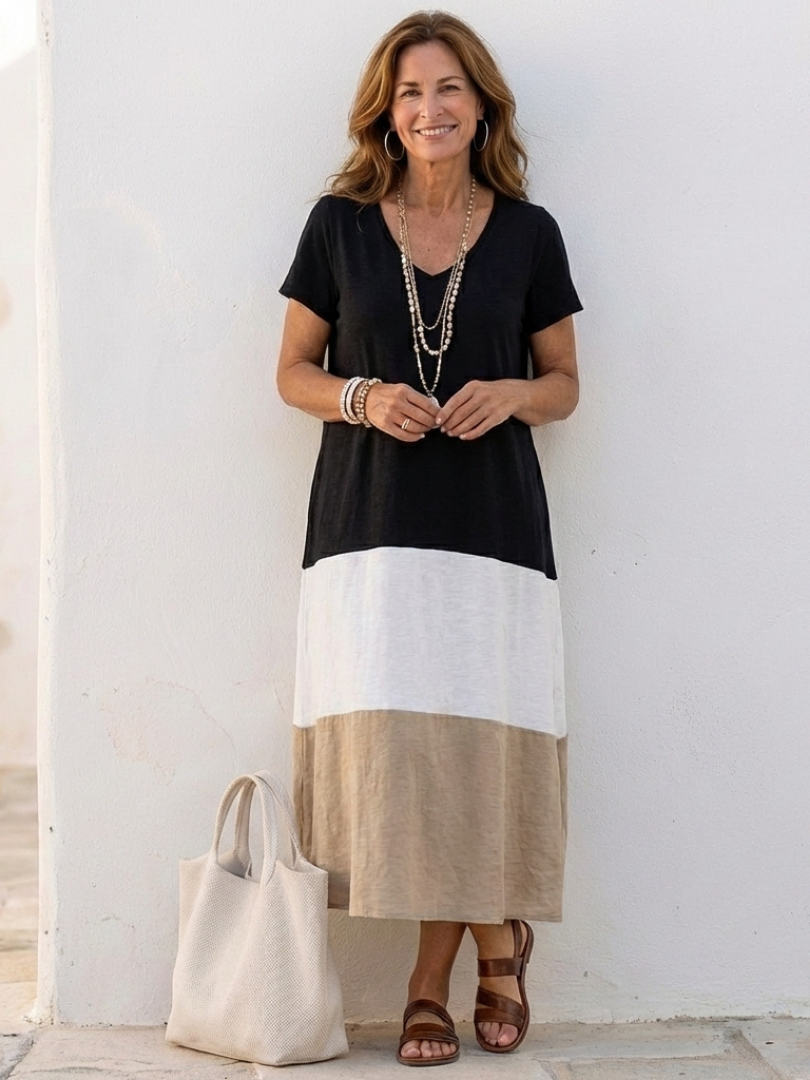 Robe Midi Femme | Décolleté en V Colorblock