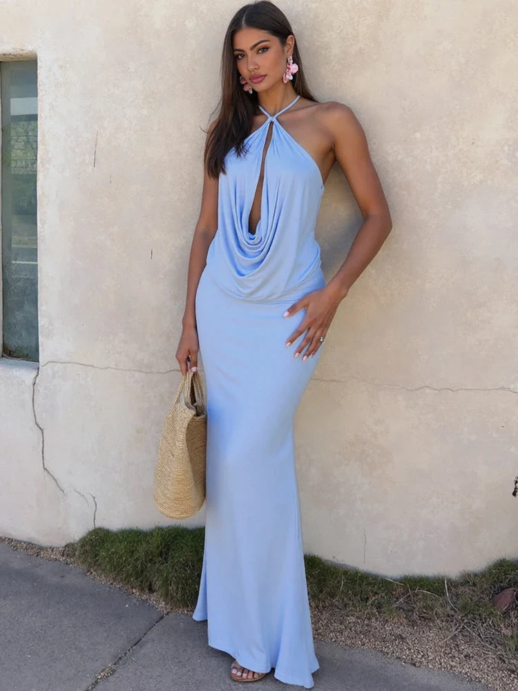 Robe Maxi à Col Halter – Robe de Soirée Élégante Drapée pour Femmes