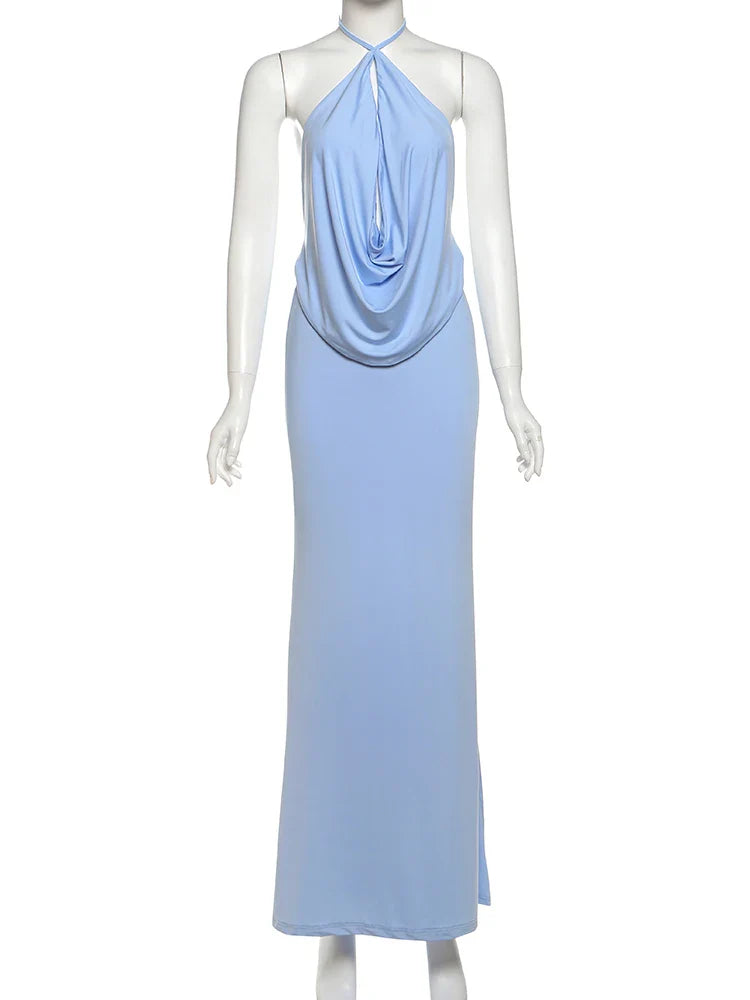 Robe Maxi à Col Halter – Robe de Soirée Élégante Drapée pour Femmes