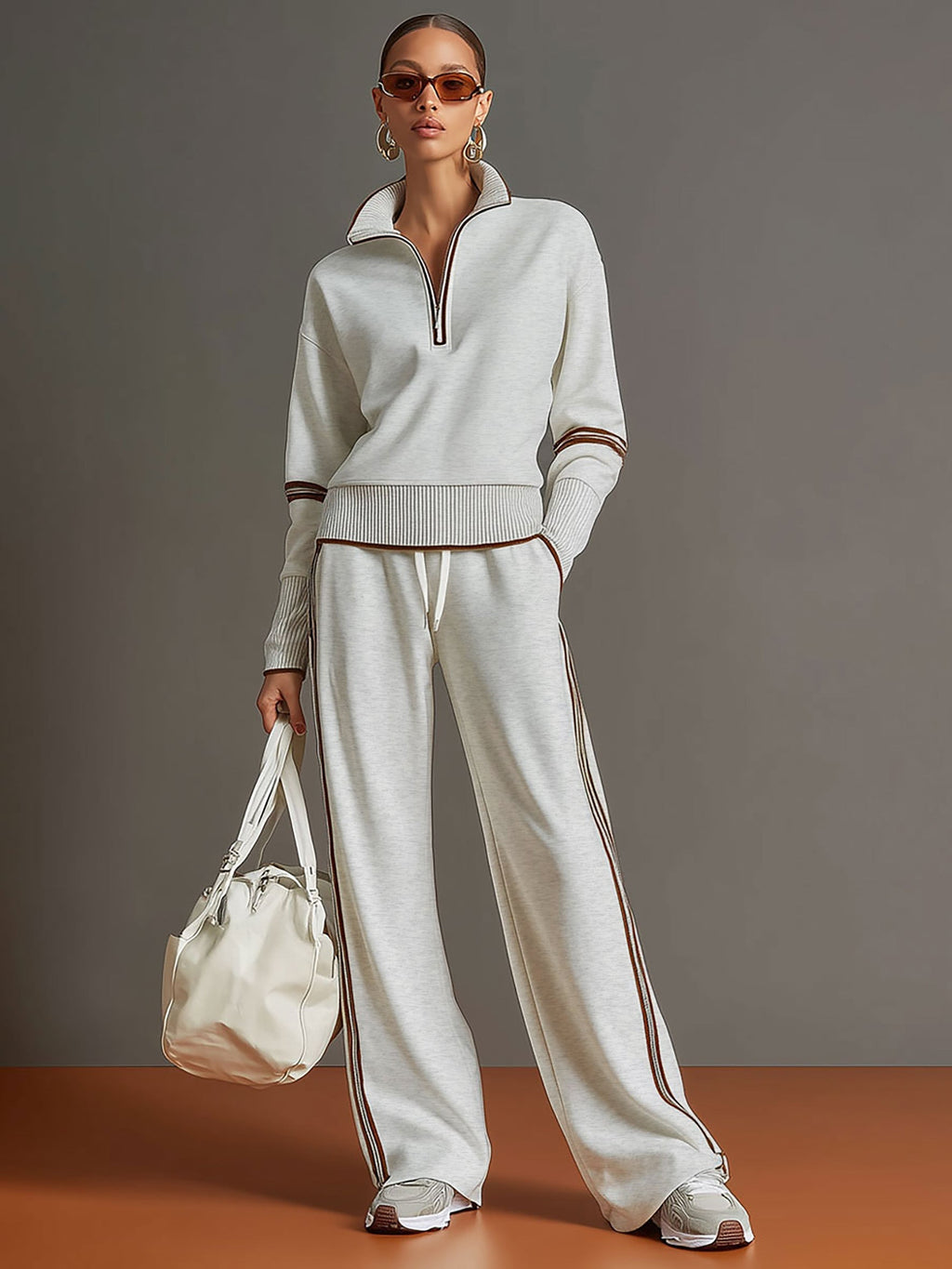 Sweat-shirt à demi-zip gris et blanc inspiré du vintage avec un ensemble de pantalon ample