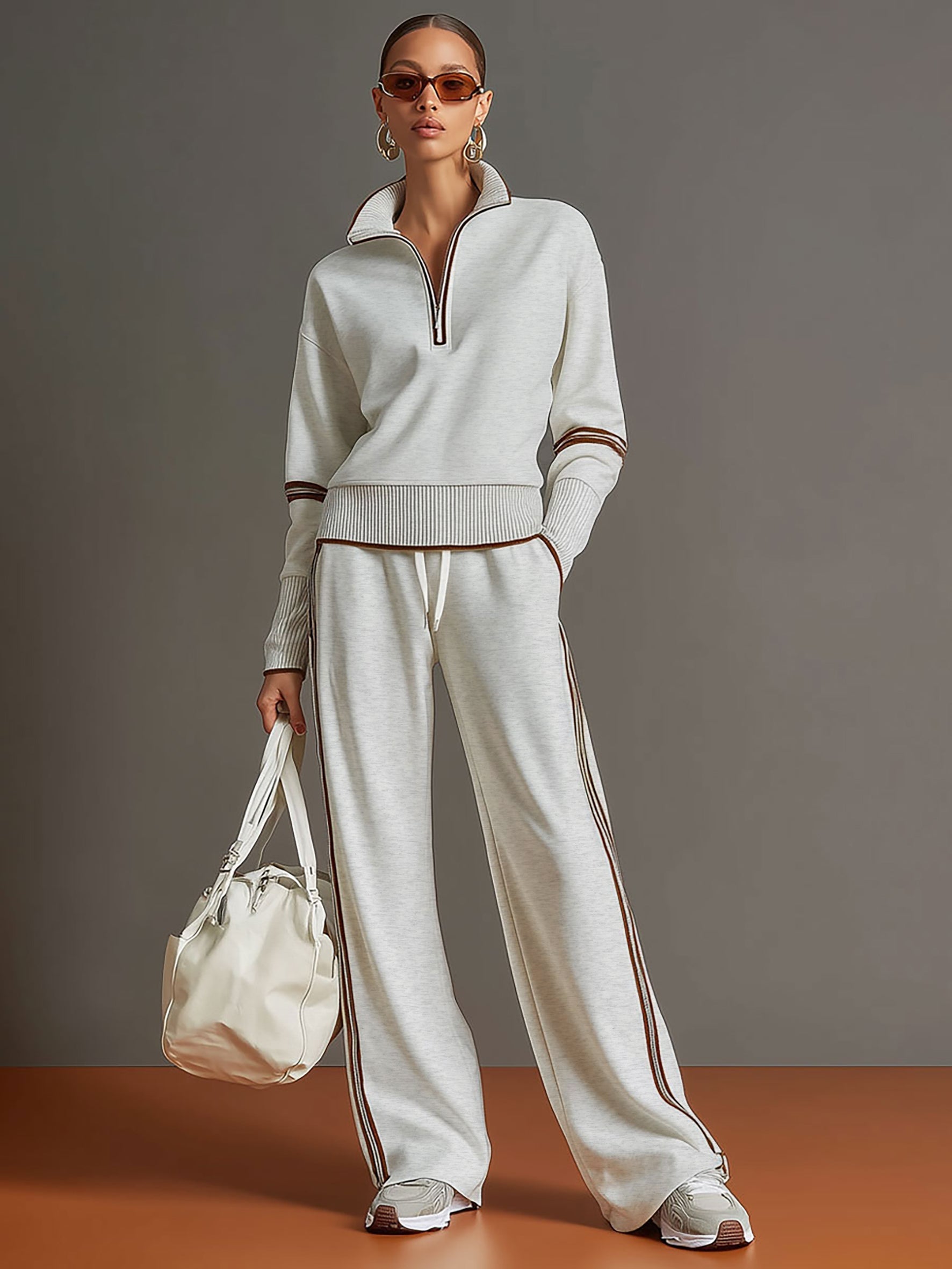 Sweat-shirt à demi-zip gris et blanc inspiré du vintage avec un ensemble de pantalon ample