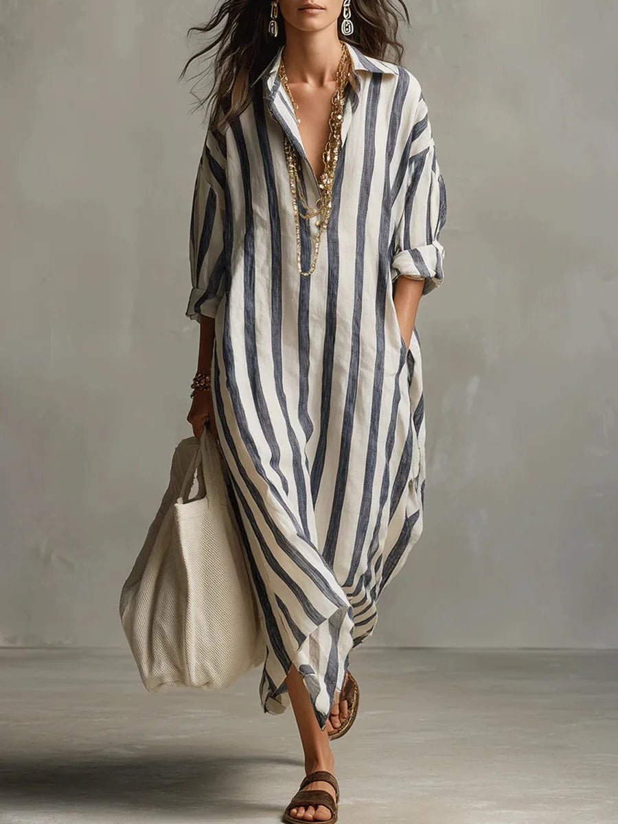 Olivia | Robe Chemise en Lin Col V Maxi à Rayures Manches Longues Coupe Ample