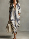 Olivia | Robe Chemise en Lin Col V Maxi à Rayures Manches Longues Coupe Ample