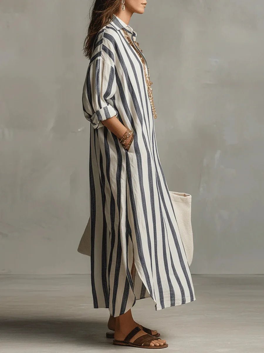 Olivia | Robe Chemise en Lin Col V Maxi à Rayures Manches Longues Coupe Ample