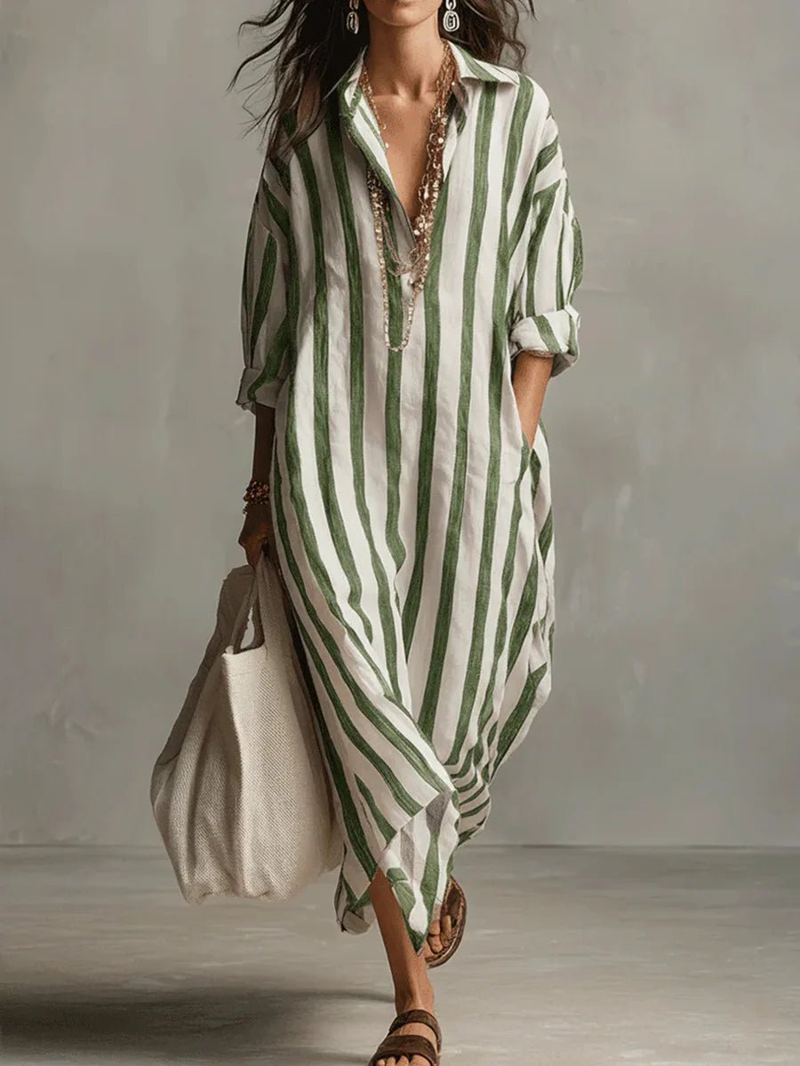 Olivia | Robe Chemise en Lin Col V Maxi à Rayures Manches Longues Coupe Ample