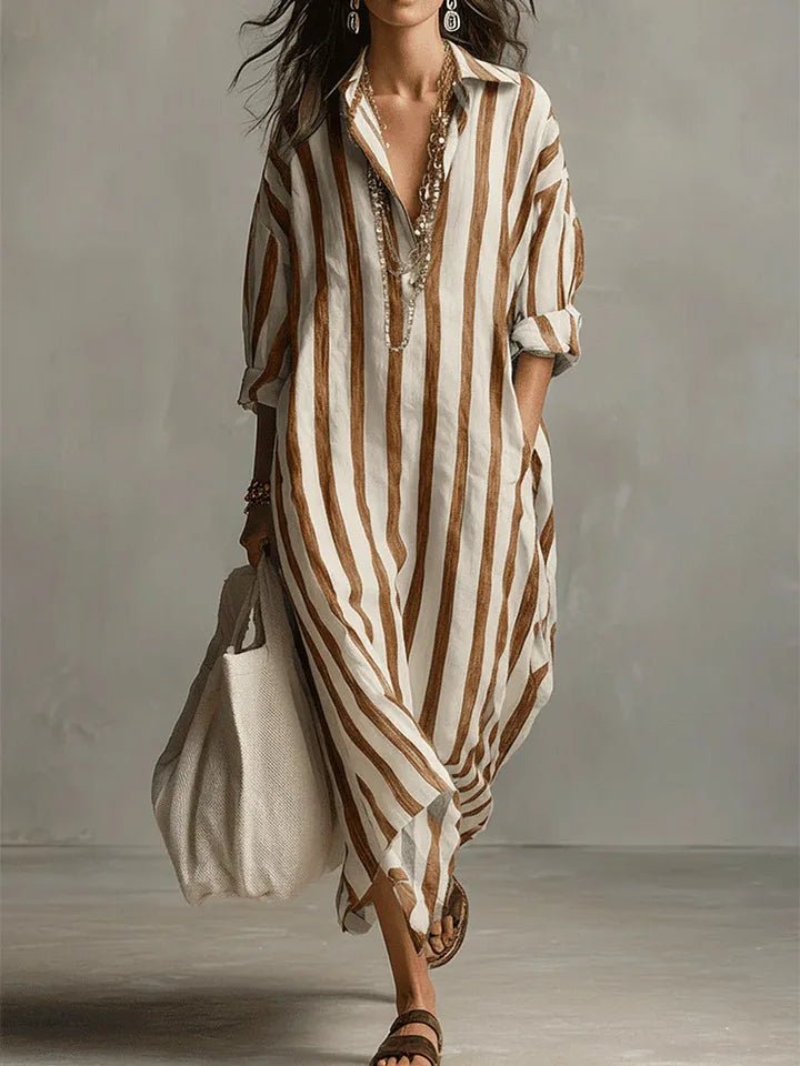 Olivia | Robe Chemise en Lin Décolleté en V Rayée Maxi à Manches Longues Coupe Ample