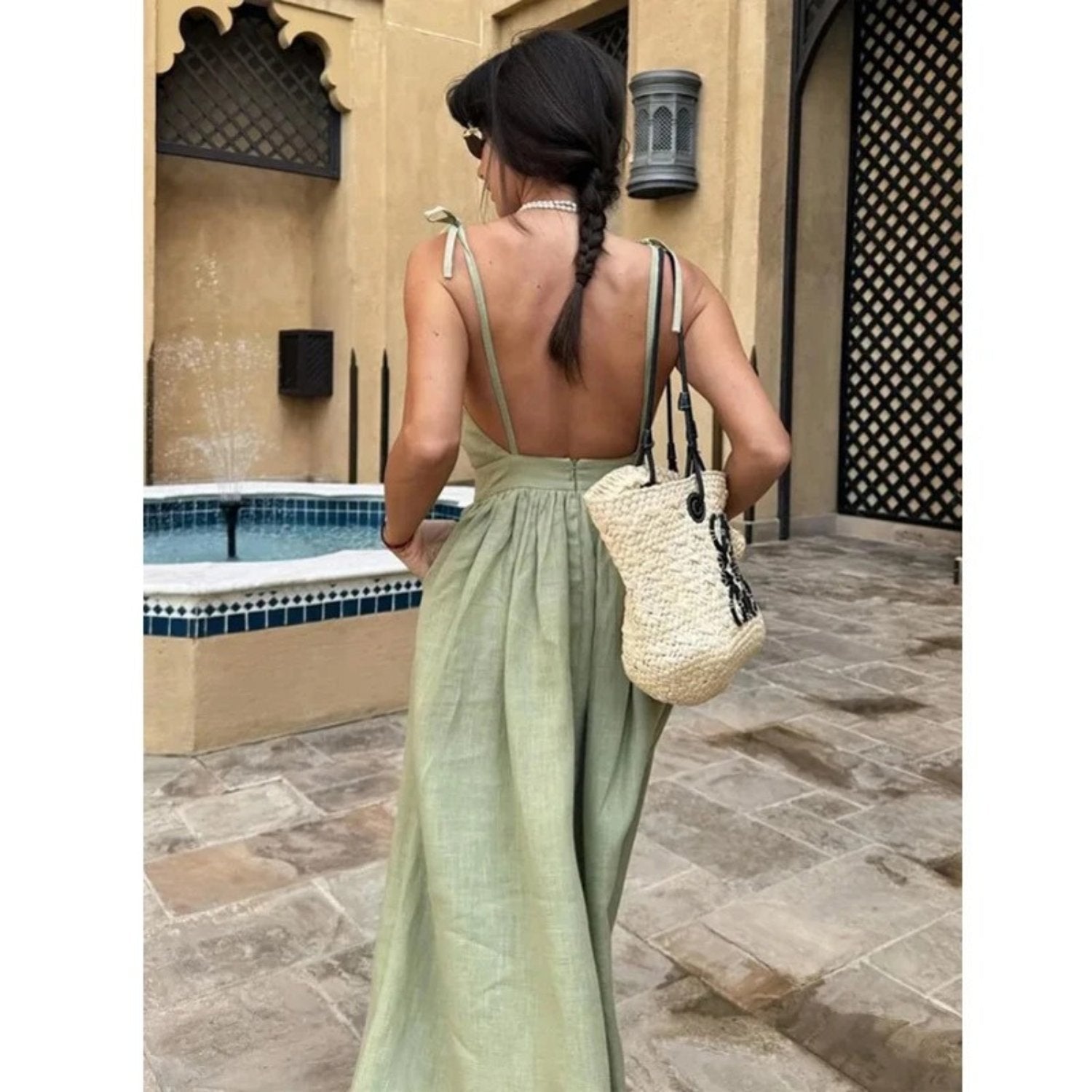 Olivia | Robe Maxi Sans Manches en Lin A-Line Dos Ouvert Avec Liens Réglables