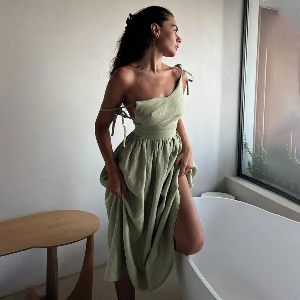 Olivia | Robe Maxi Sans Manches en Lin A-Line Dos Ouvert Avec Liens Réglables