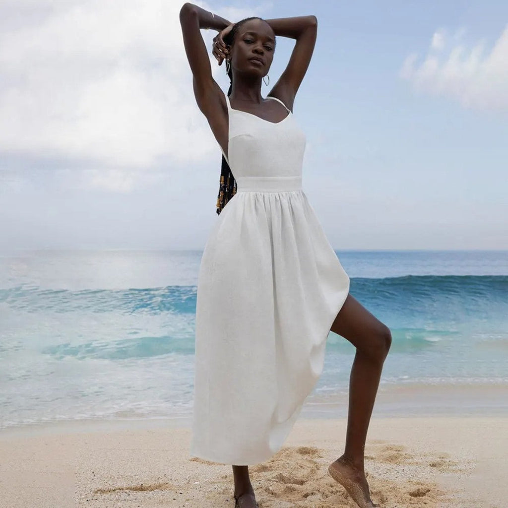 Olivia | Robe Maxi Sans Manches en Lin A-Line Dos Ouvert Avec Liens Réglables