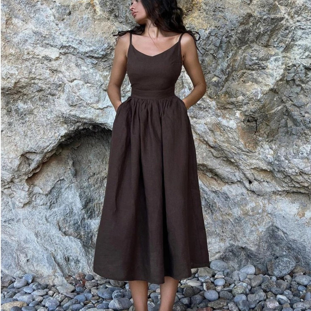 Olivia | Robe Maxi Sans Manches en Lin A-Line Dos Ouvert Avec Liens Réglables