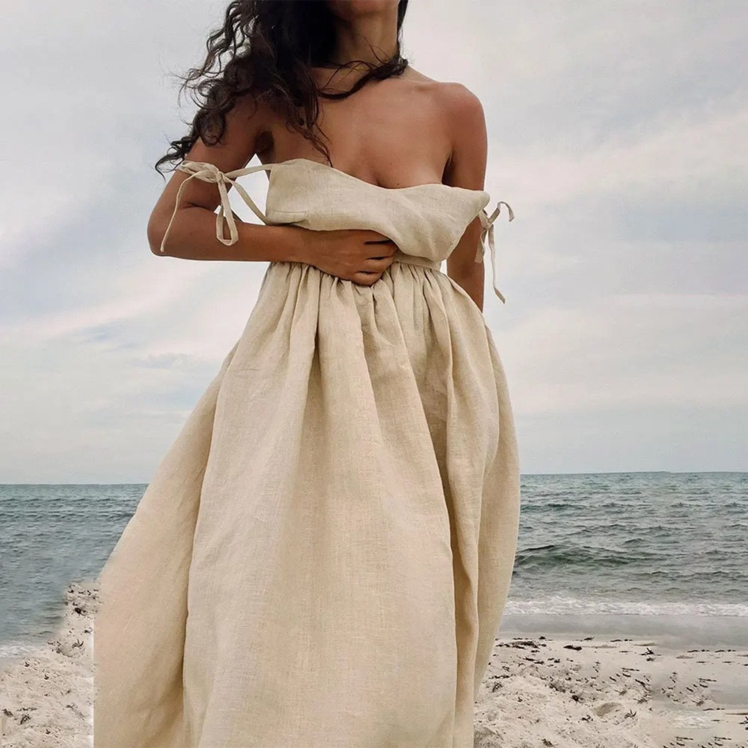 Olivia | Robe Maxi Sans Manches en Lin A-Line Dos Ouvert Avec Liens Réglables