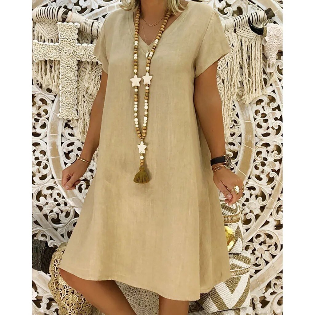 Evelyn | Robe Mini A-Ligne en Lin à Col V à Manches Courtes pour l'Été