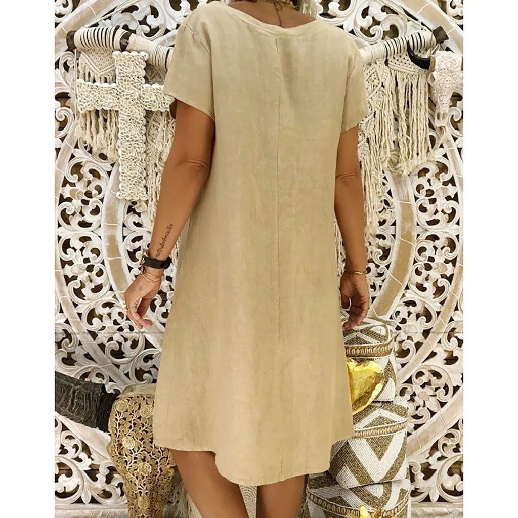 Evelyn | Robe Mini A-Ligne en Lin à Col V à Manches Courtes pour l'Été