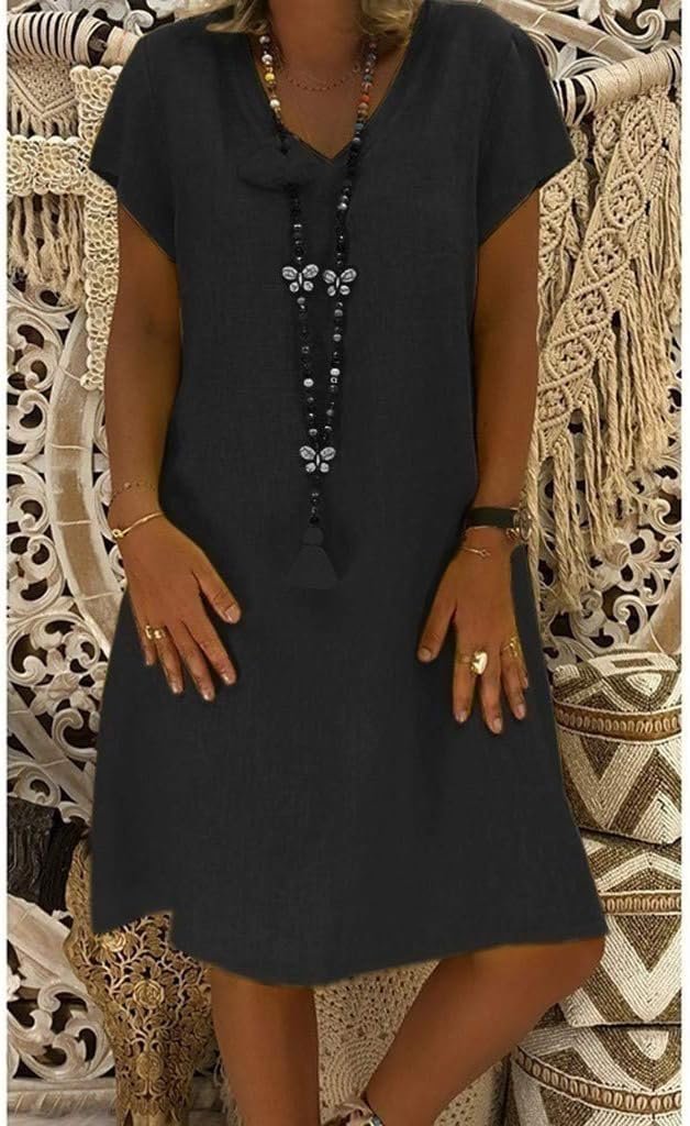 Evelyn | Robe Mini A-Ligne en Lin à Col V à Manches Courtes pour l'Été