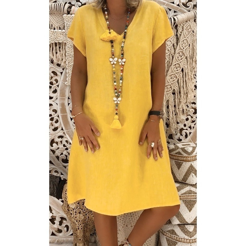 Evelyn | Robe Mini A-Ligne en Lin à Col V à Manches Courtes pour l'Été
