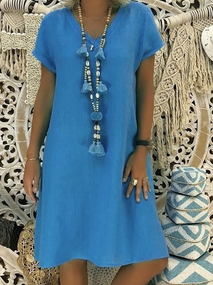 Evelyn | Robe Mini A-Ligne en Lin à Col V à Manches Courtes pour l'Été
