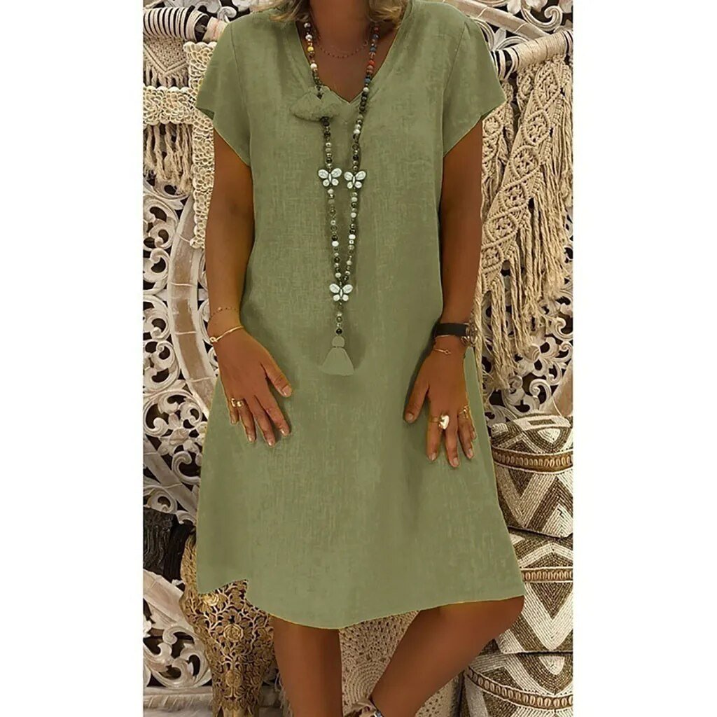 Evelyn | Robe Mini A-Ligne en Lin à Col V à Manches Courtes pour l'Été