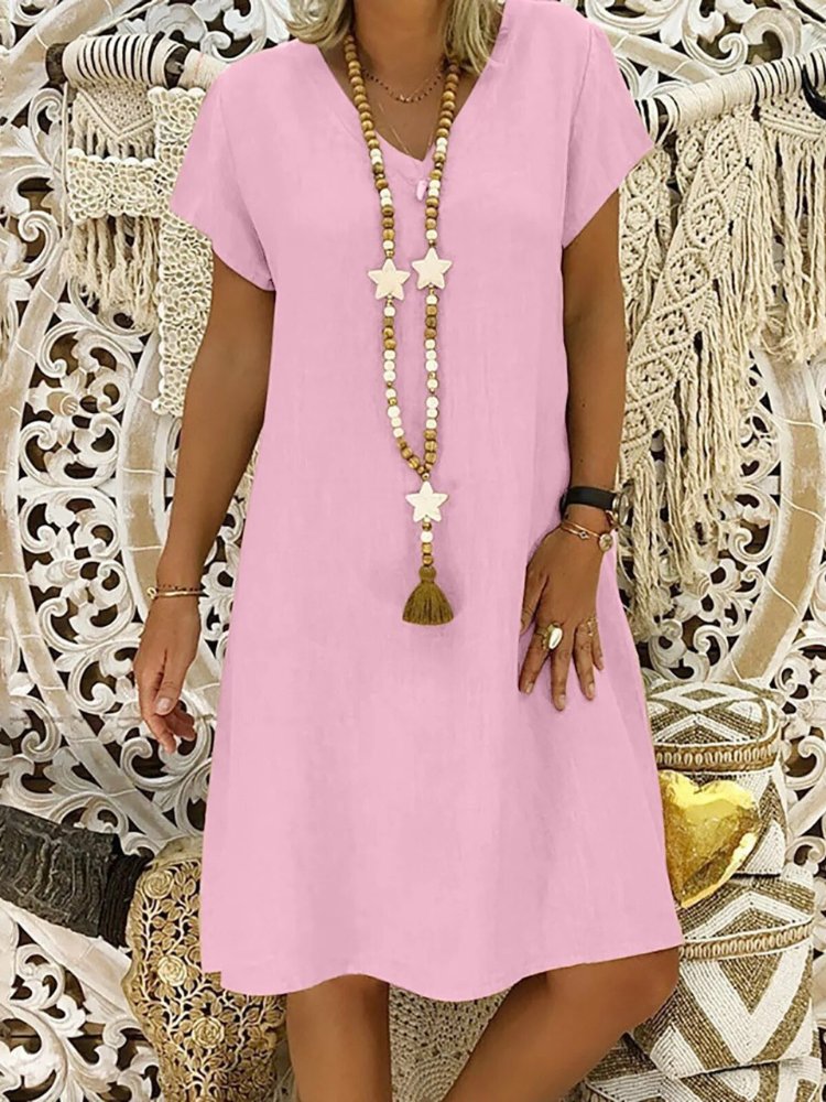 Evelyn | Robe Mini A-Ligne en Lin à Col V à Manches Courtes pour l'Été
