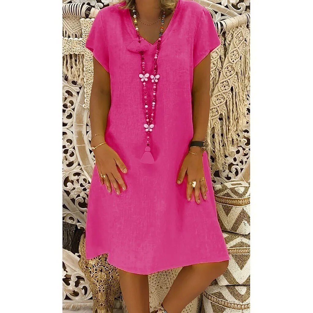 Evelyn | Robe Mini A-Ligne en Lin à Col V à Manches Courtes pour l'Été
