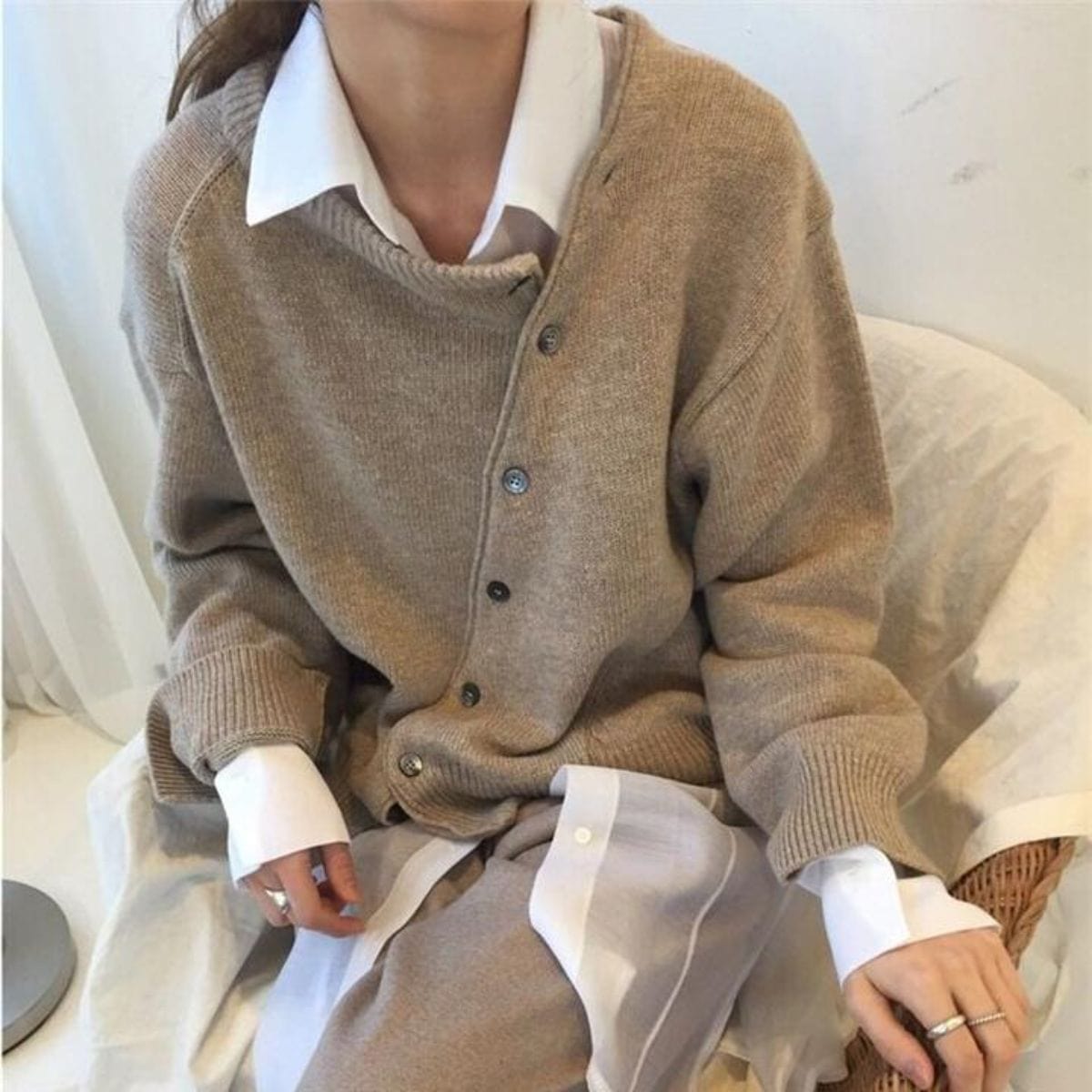 Cardigan Dames Oversized Tricoté avec Fermeture à Boutons Asymétrique