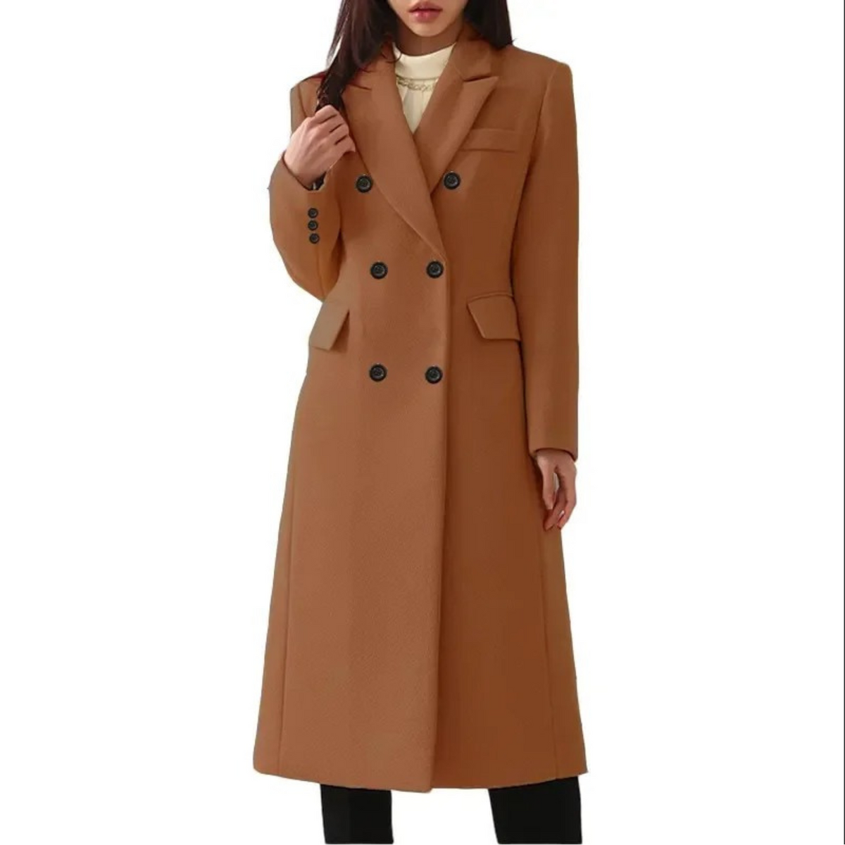 Manteau Long Femme à Double Boutonnage avec Col Notch