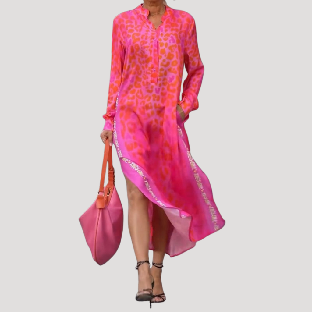 Lucienne | Robe Midi à Imprimé Léopard à Manches Longues