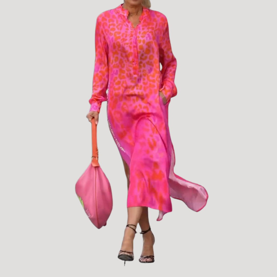 Lucienne | Robe Midi à Imprimé Léopard à Manches Longues