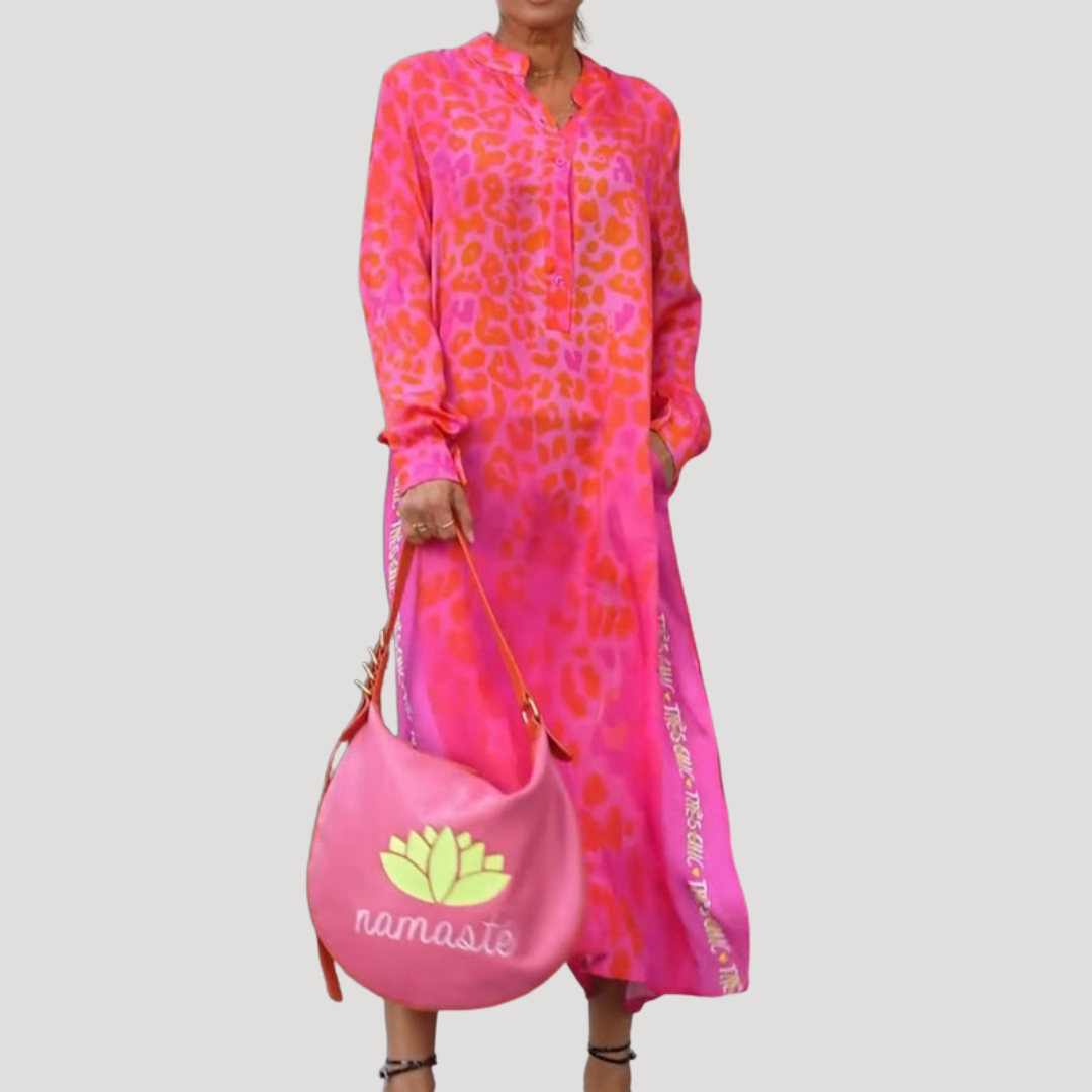 Lucienne | Robe Midi à Imprimé Léopard à Manches Longues