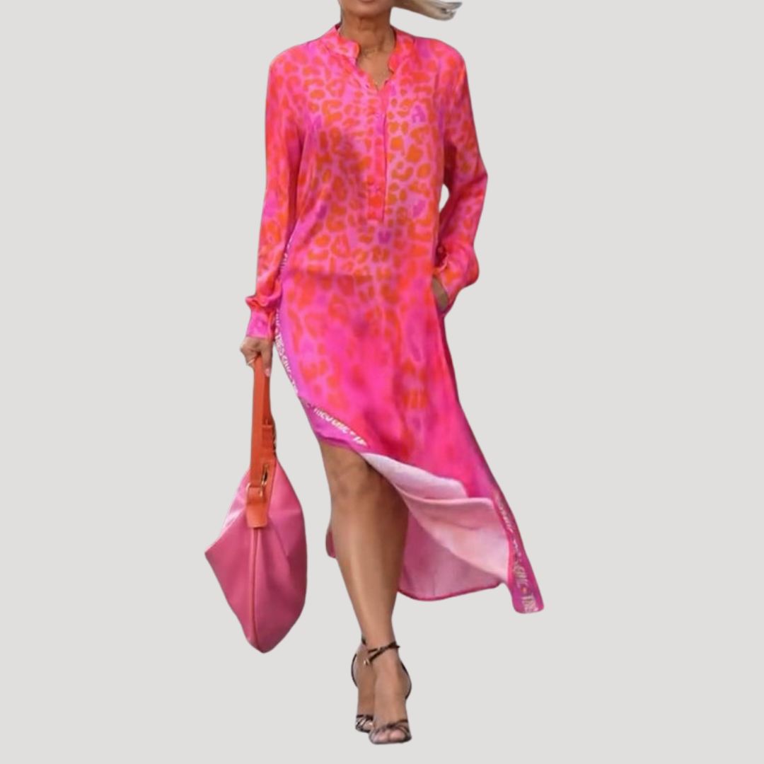 Lucienne | Robe Midi à Imprimé Léopard à Manches Longues
