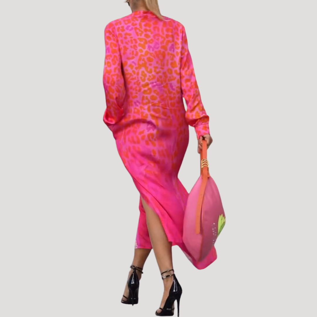 Lucienne | Robe Midi à Imprimé Léopard à Manches Longues