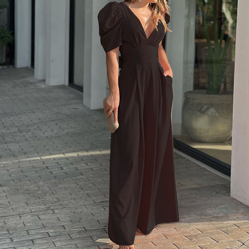 Marigold | Combinaison Femme V-Cou à Manches Bouffantes et Pantalon Large