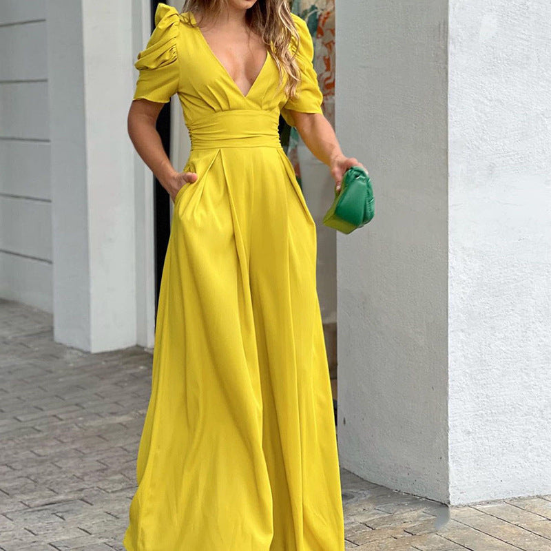 Marigold | Combinaison Femme V-Cou à Manches Bouffantes et Pantalon Large