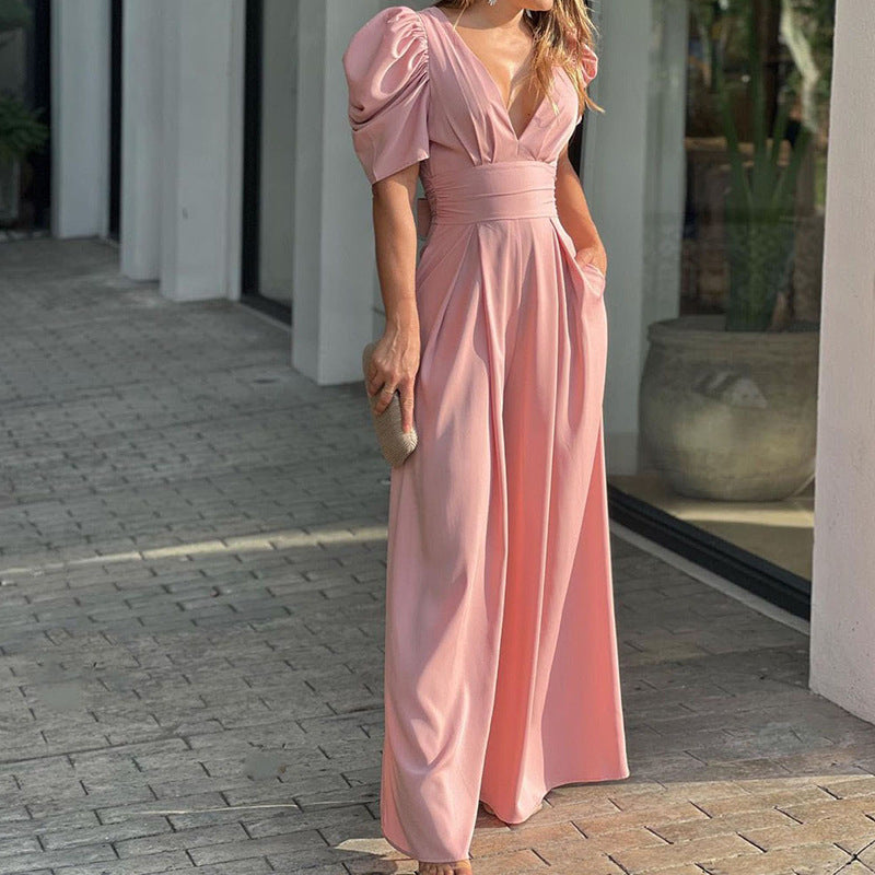 Marigold | Combinaison Femme V-Cou à Manches Bouffantes et Pantalon Large