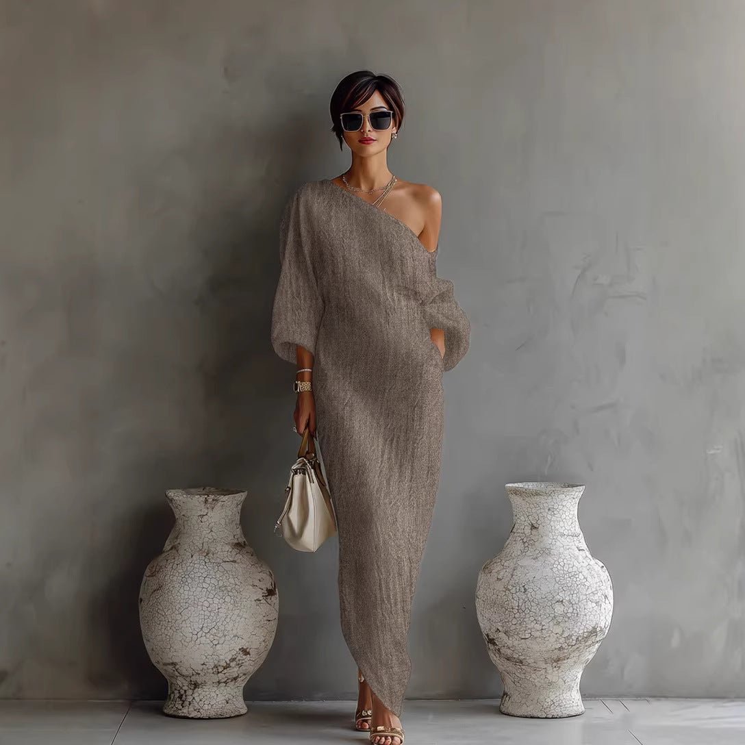 Charlotte | Robe Maxi Épaules Nues Manches Lanternes en Mélange Lin Détendue