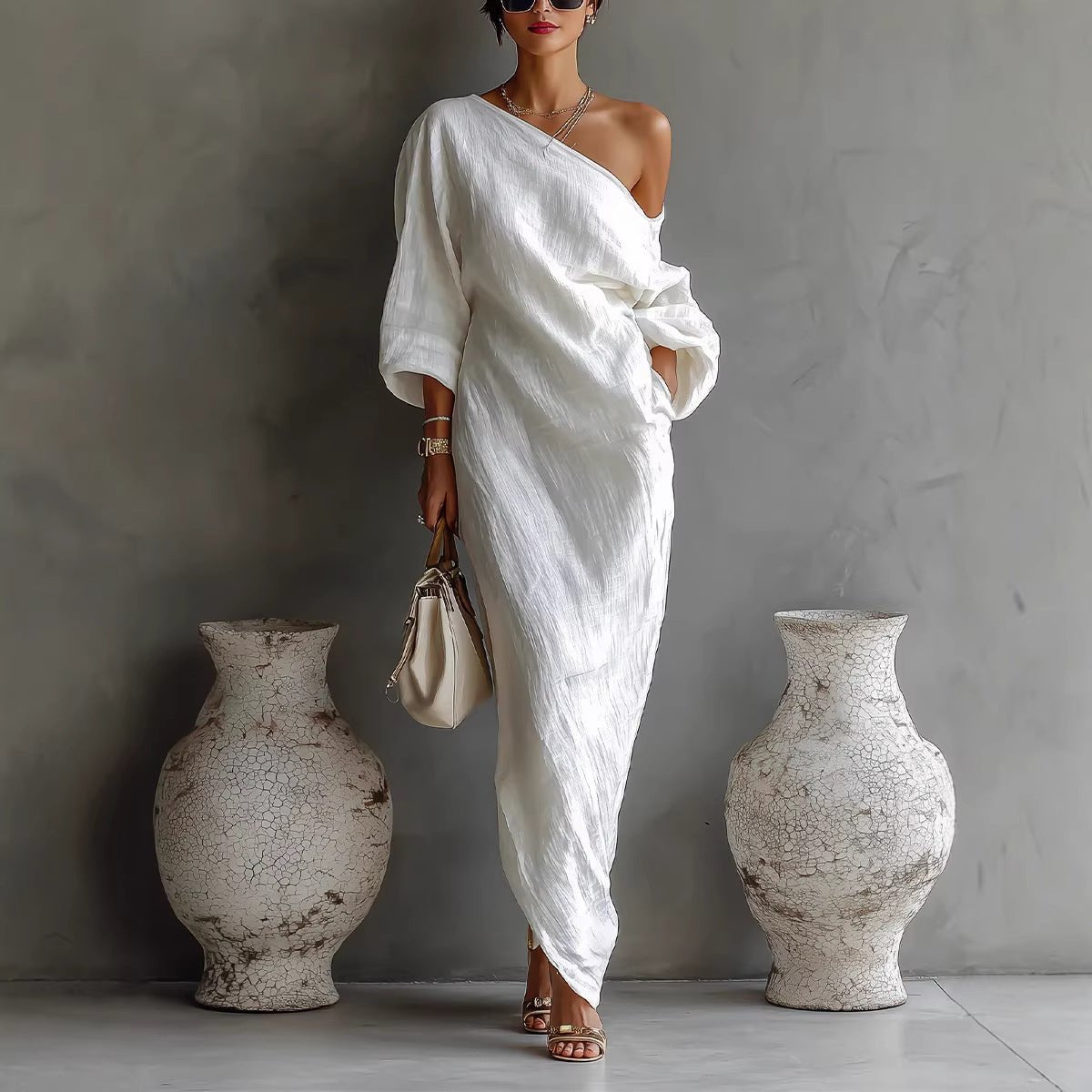 Charlotte | Robe Maxi Épaules Nues Manches Lanternes en Mélange Lin Détendue