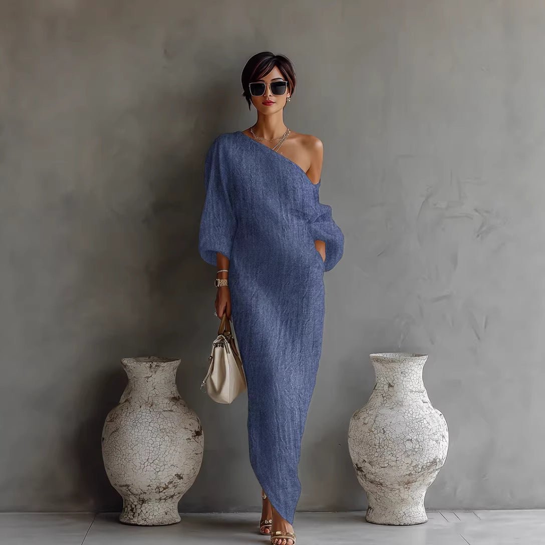 Charlotte | Robe Maxi Épaules Nues Manches Lanternes en Mélange Lin Détendue