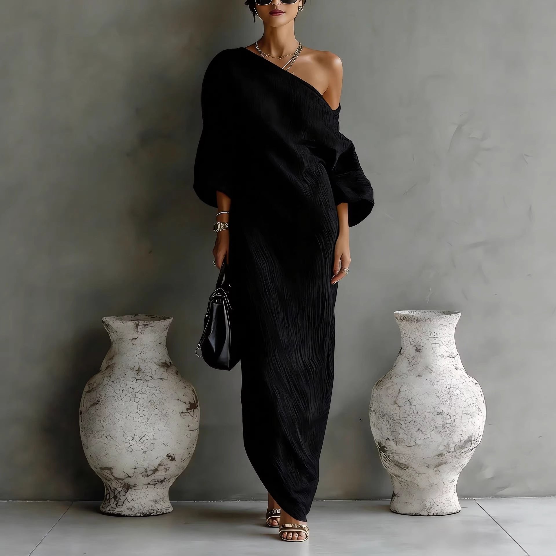 Charlotte | Robe Maxi Épaules Nues Manches Lanternes en Mélange Lin Détendue
