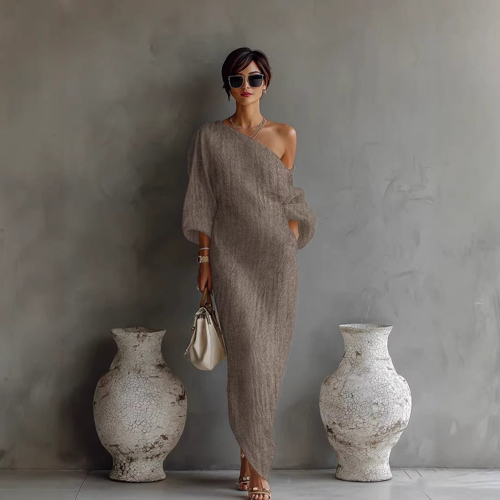 Charlotte | Robe Maxi Off Shoulder à Manches Lanternes en Mélange Lin