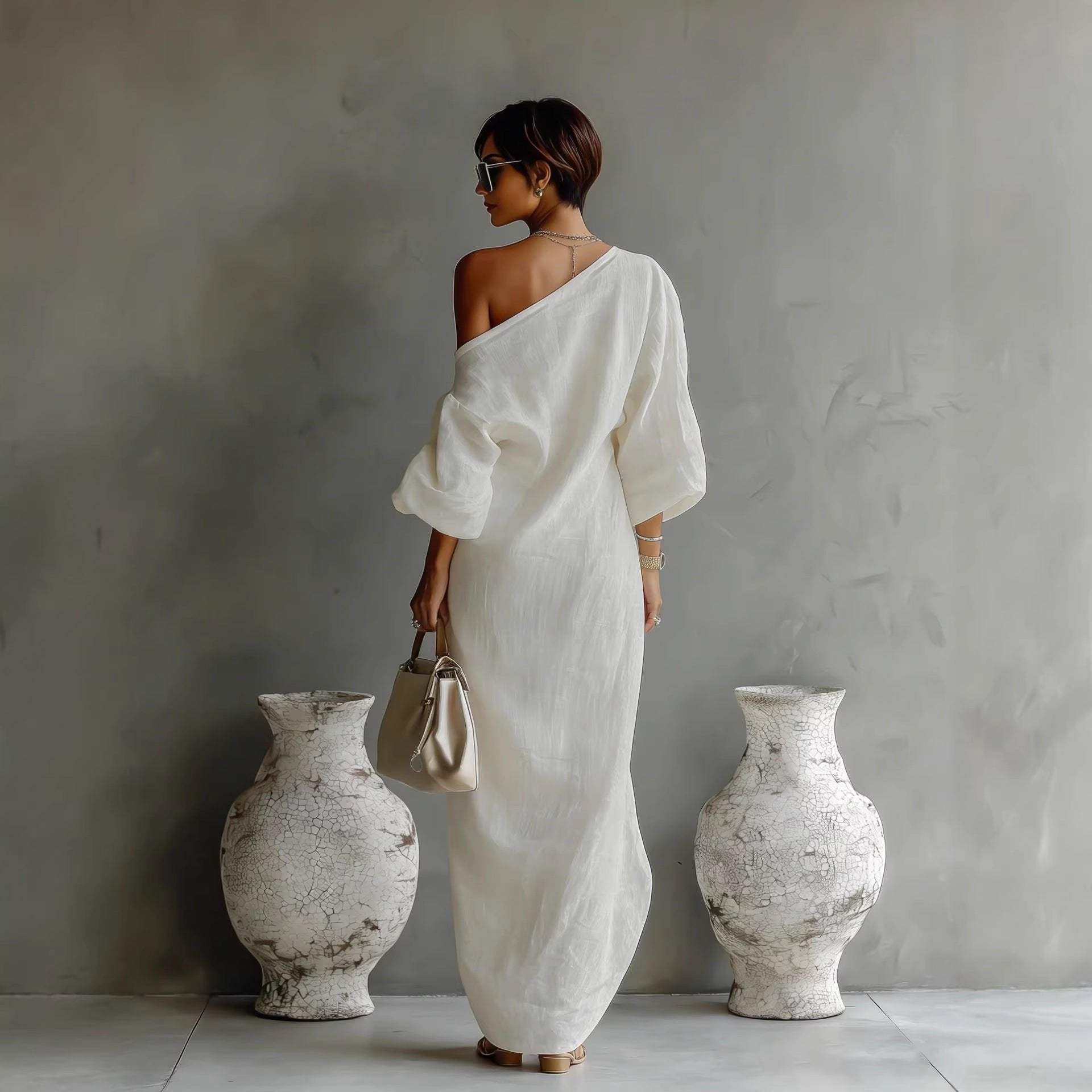 Charlotte | Robe Maxi Épaules Nues Manches Lanternes en Mélange Lin Détendue