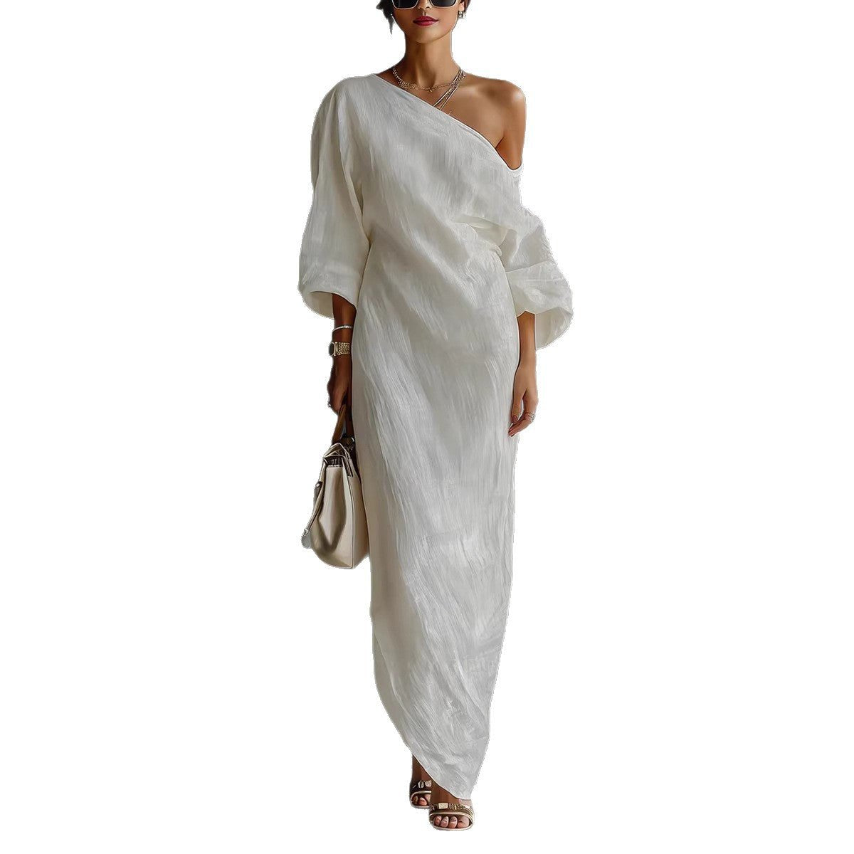 Charlotte | Robe Maxi Épaules Nues Manches Lanternes en Mélange Lin Détendue