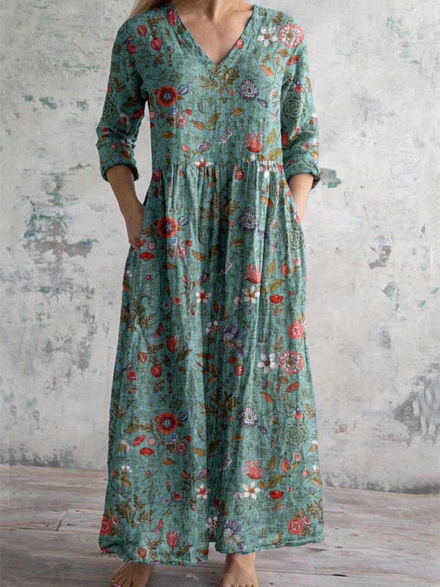 Harper | Robe Maxi V-Cou en Coton Bohème à Manches Trois Quarts avec Poches