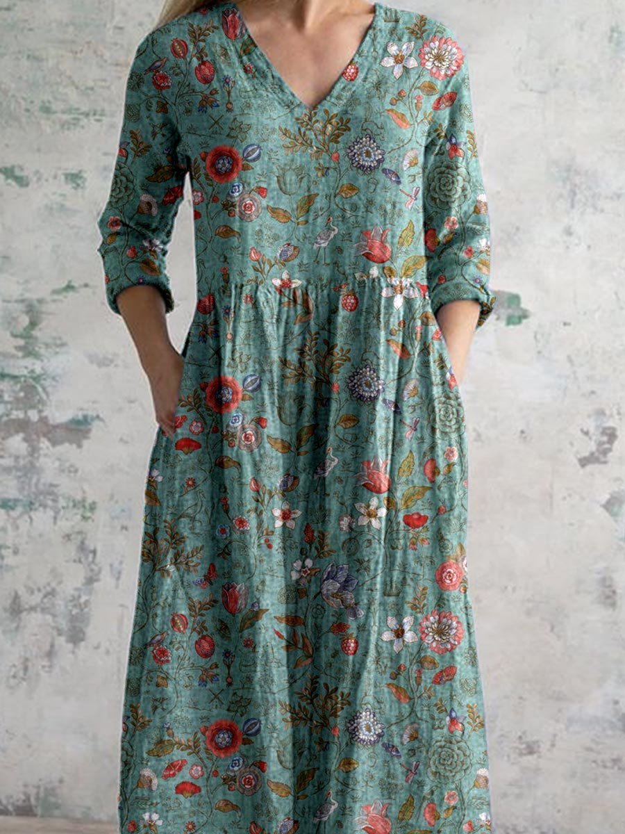 Harper | Robe Maxi V-Cou en Coton Bohème à Manches Trois Quarts avec Poches