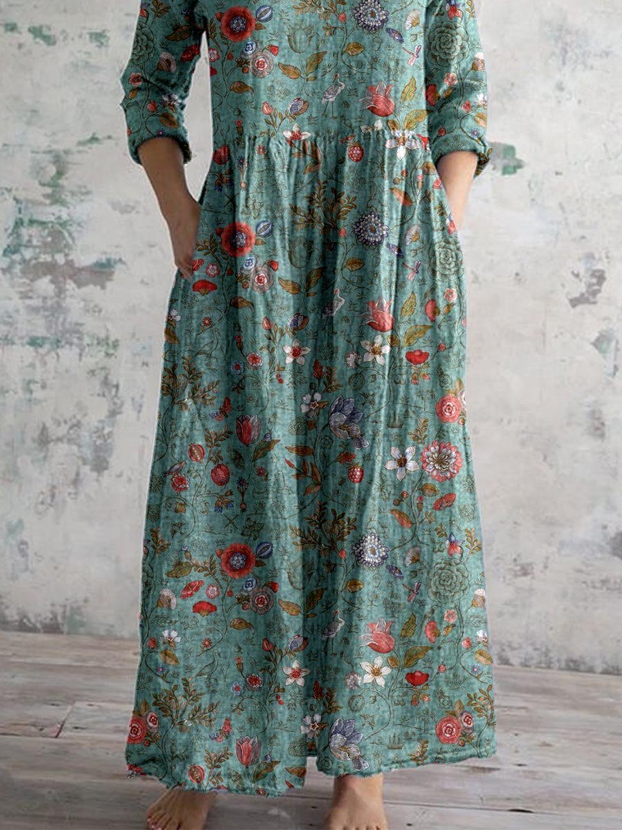 Harper | Robe Maxi V-Cou en Coton Bohème à Manches Trois Quarts avec Poches