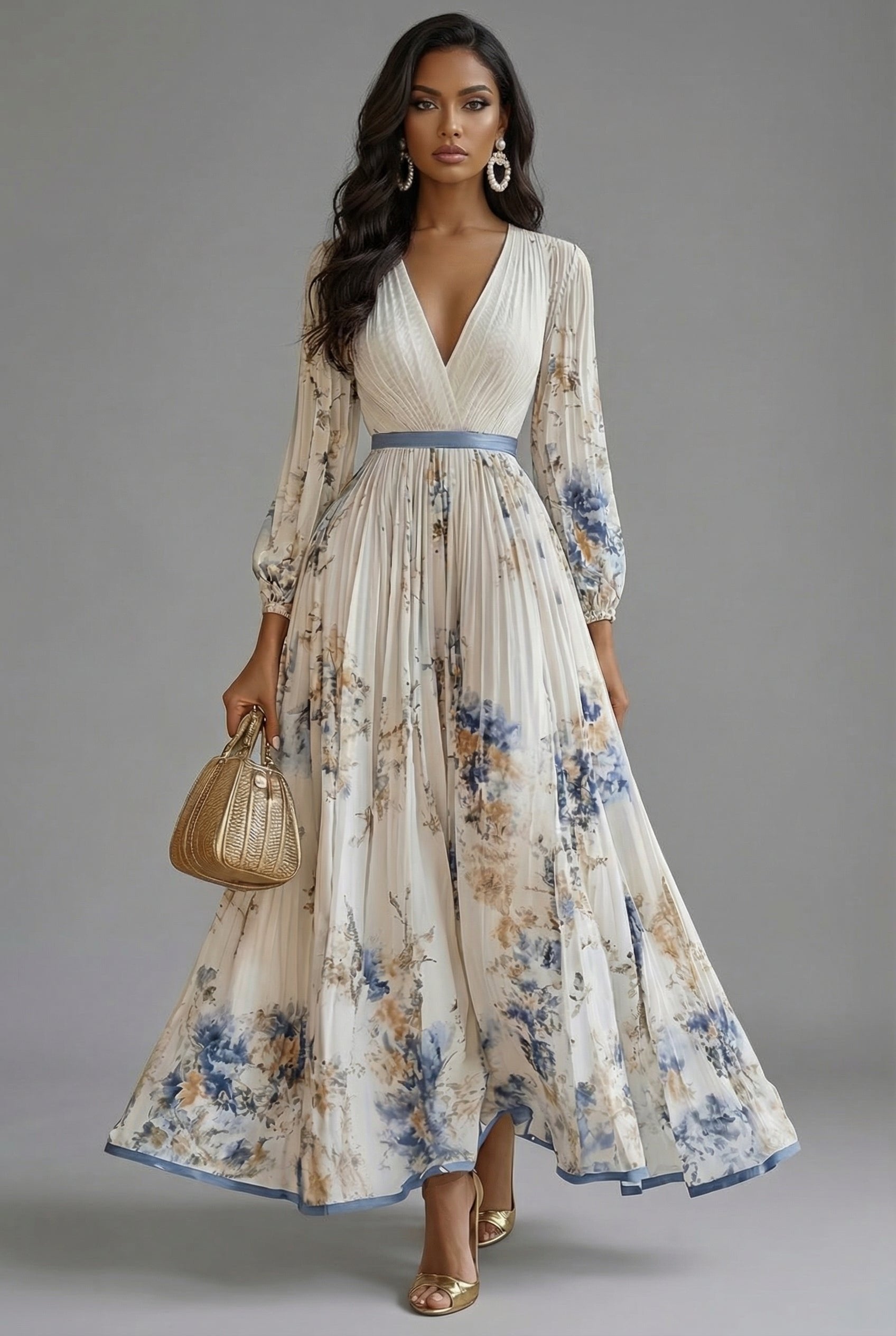 Evelyn | Robe Maxi Décolleté en V Manches Longues Plissée Imprimé Floral