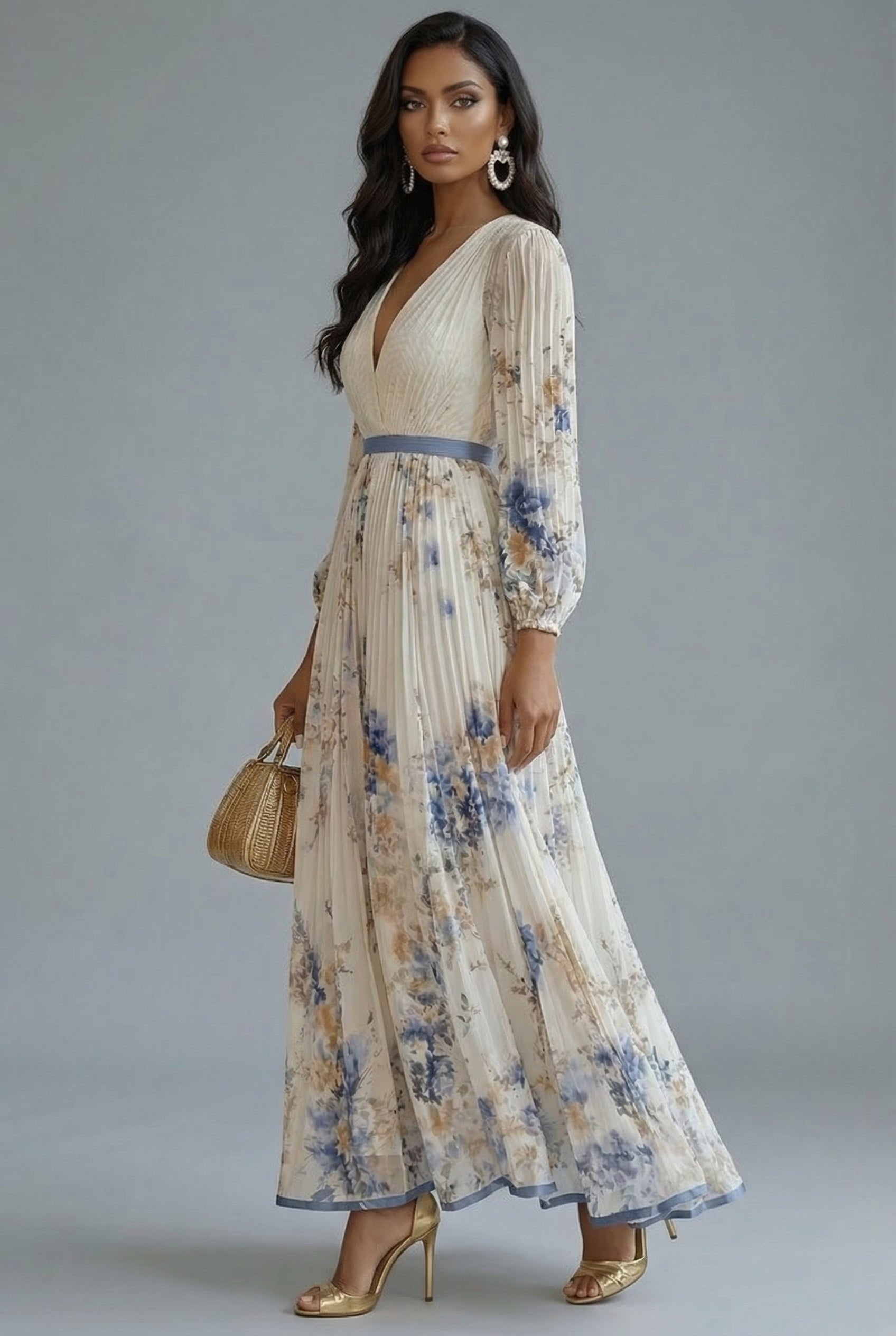 Evelyn | Robe Maxi Décolleté en V Manches Longues Plissée Imprimé Floral