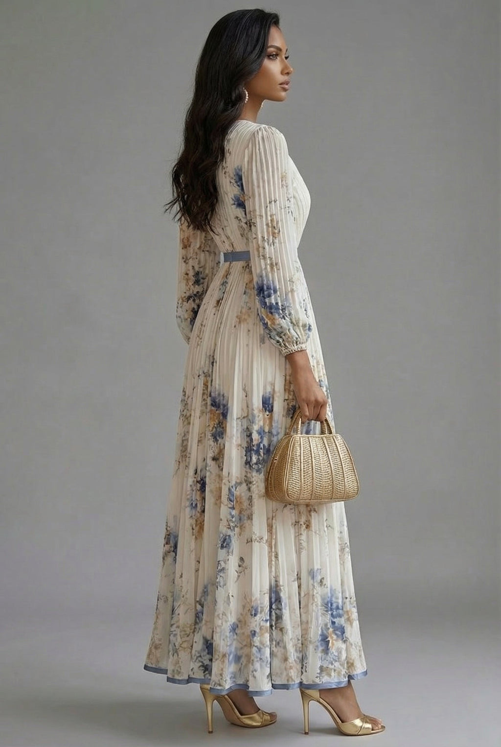 Evelyn | Robe Maxi Décolleté en V Manches Longues Plissée Imprimé Floral