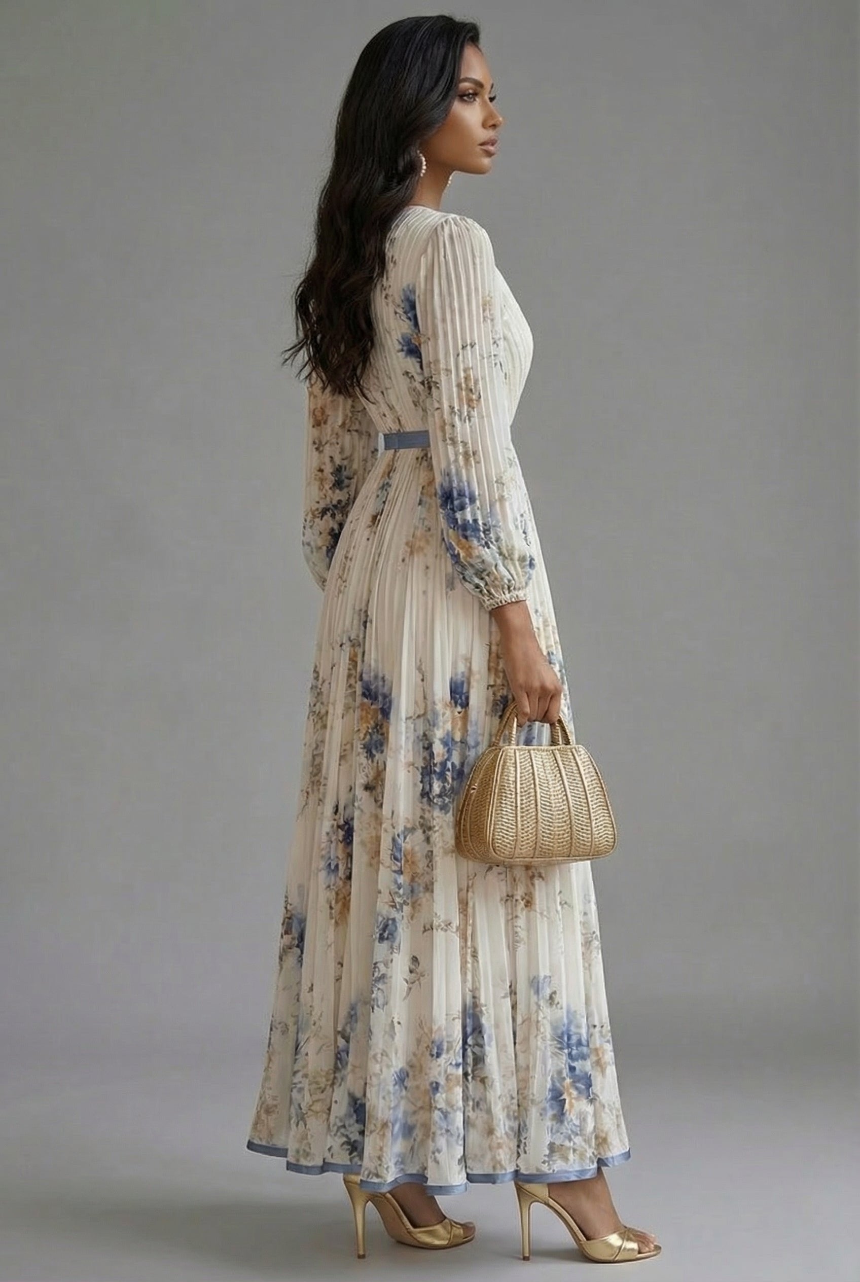 Evelyn | Robe Maxi Décolleté en V à Manches Longues Imprimé Floral Plissé