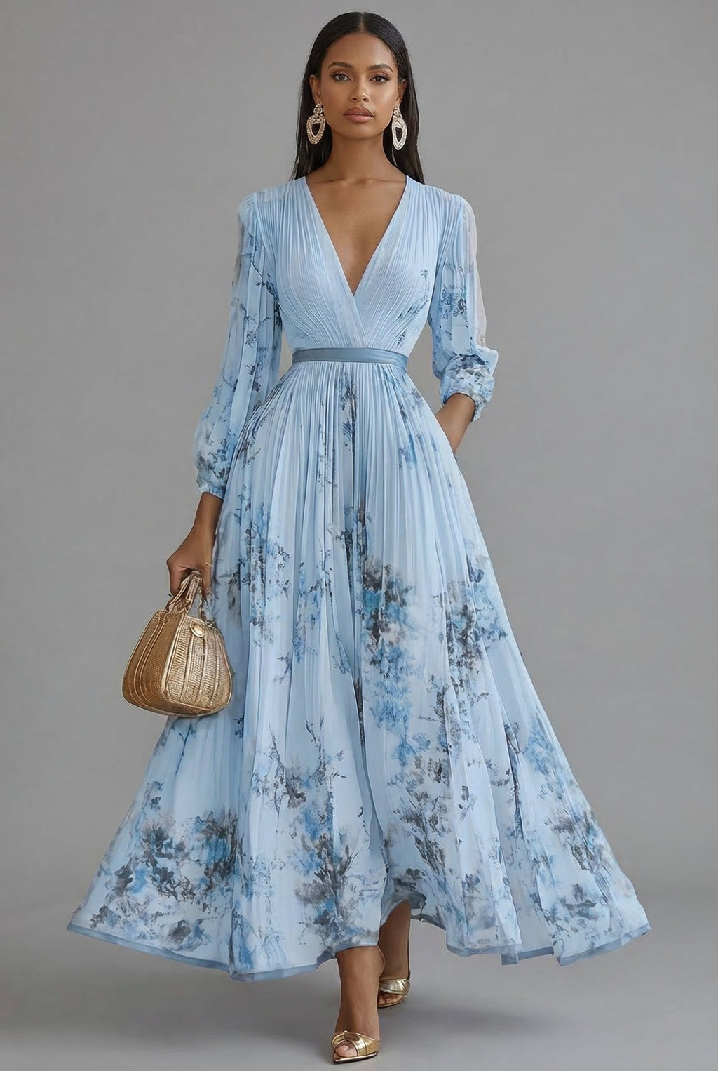 Evelyn | Robe Maxi Décolleté en V à Manches Longues Imprimé Floral Plissé