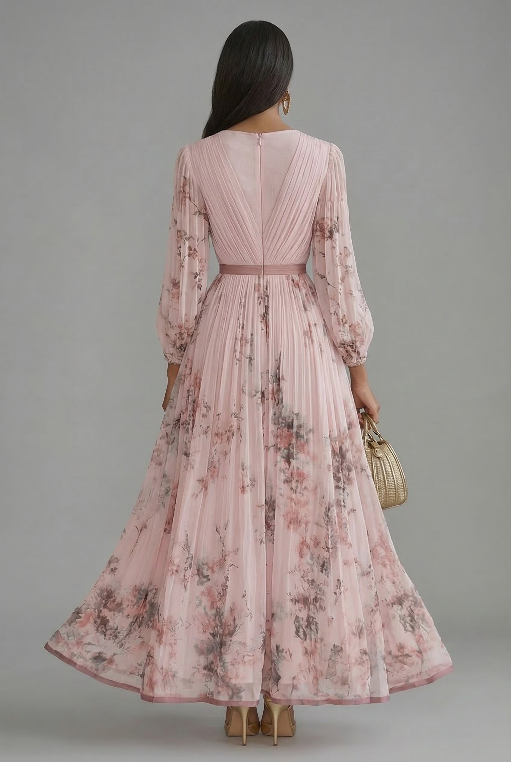 Evelyn | Robe Maxi Décolleté en V à Manches Longues Imprimé Floral Plissé